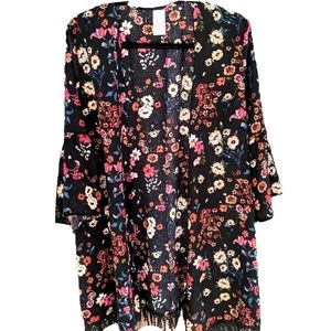 Time and True Black Floral Kimono with Tassels OS